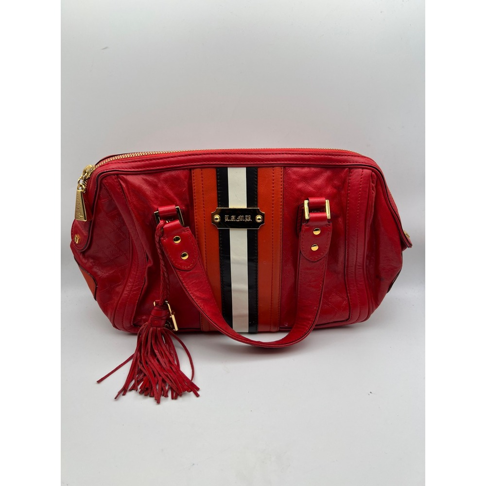 L.A.M.B. Gwen Stefani Red Leather Satchel Handbag Racing Stripe Tassel Gold HW